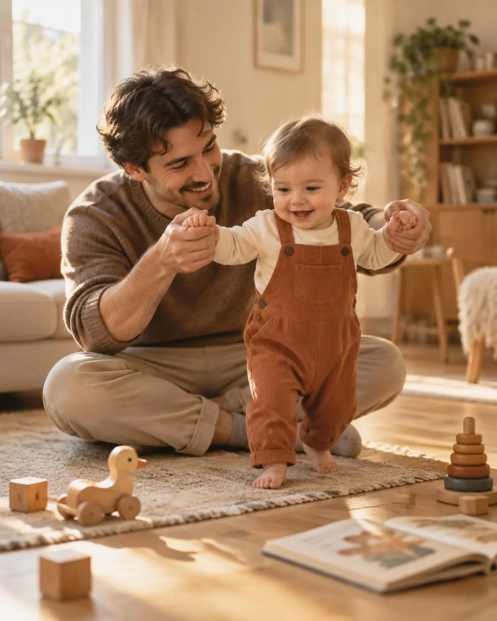 Pai sentado no chão ajudando o filho a dar os primeiros passos, cercado de brinquedos