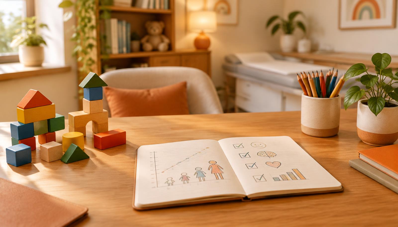 Materiais de acompanhamento do desenvolvimento infantil sobre uma mesa de trabalho