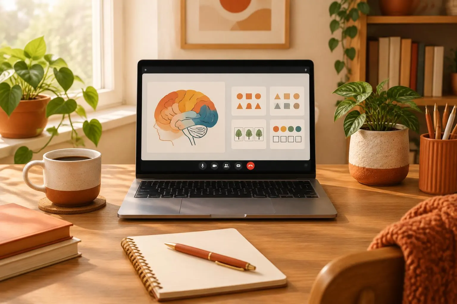 Notebook em videochamada com ilustração do cérebro e atividades de avaliação