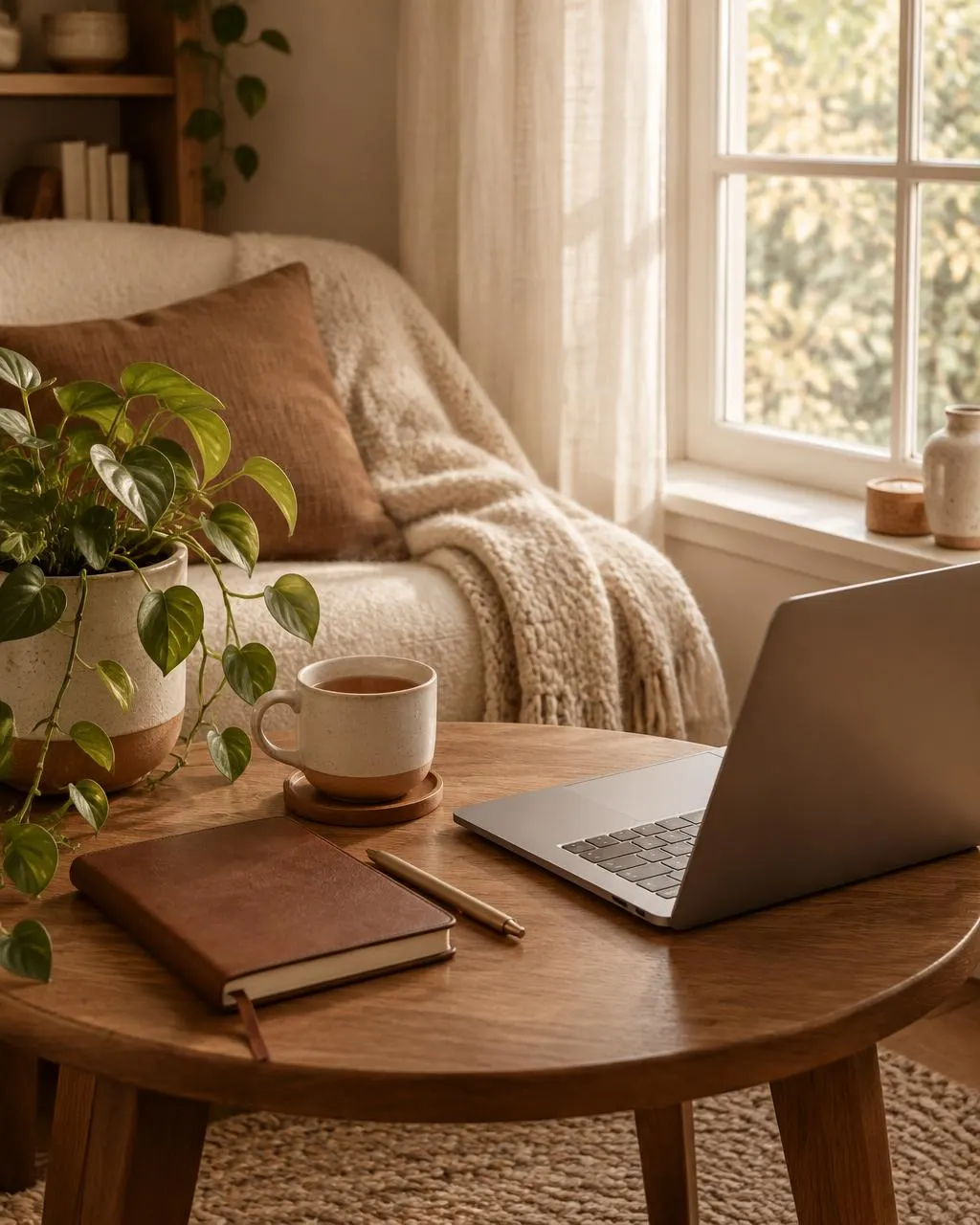 Cantinho aconchegante com planta, caderno, chá e notebook sobre uma mesa de madeira